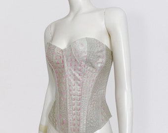 CADOLLE – Beige and pink leather corset with crocodile effect & pink lacing