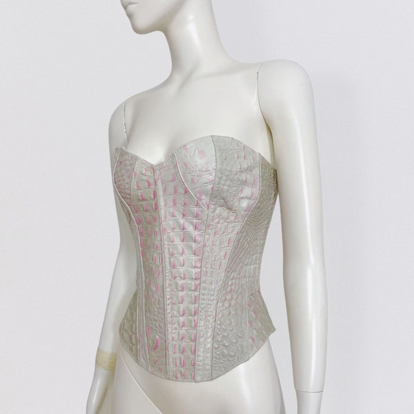 CADOLLE – Beige and pink leather corset with crocodile effect & pink lacing