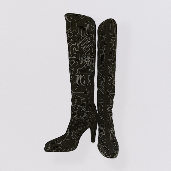 DIRK BIKKEMBERGS Black Suede Leather Heel Boots Embroidered With 