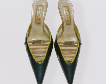 CHRISTIAN LACROIX petrol blue & golden pointed mules with heels vintage 00s