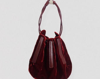 Vintage 90s burgundy velvet & leather pouch handbag
