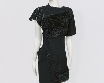 YOHJI YAMAMOTO – black asymmetrical wool dress with short sleeves with play on textures and weaves