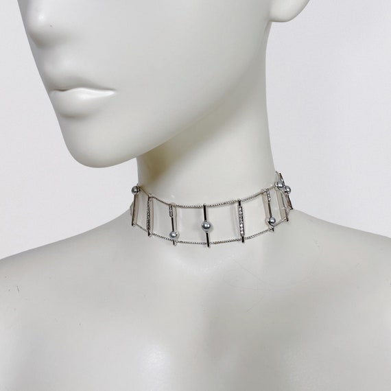 NINA RICCI – silver metal choker neckkace with gr… - image 1