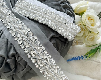 Ornate White Beaded Bridal Belt with Silver Accents Tulle Streamers Big Jewel Rhinestone Bridal Belt: Silver Wedding Dress Sash  main image 2