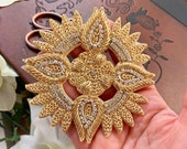 1 Zari Floral Applique, Gold, Rhinestone Mirror Appliques ,Sewing Crafting, Beaded Appliques, Headband LM-vik-19G 155R1 7A