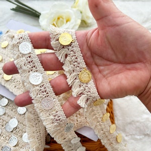 1 jarda de crochê ouro prata moeda pérola enfeite de renda, guarnição de jaqueta jeans DIY, decoração de praia, guarnição de biquíni, renda de lenço, dança do ventre