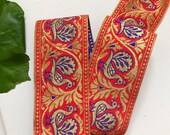 Red Royal Blue Gold Brocade Banarasi Border Indian Trim Peacock Parrot Elephant Trim Brocade Silk Zari Lace Bridal Sari 5.8 cm W Price mtr