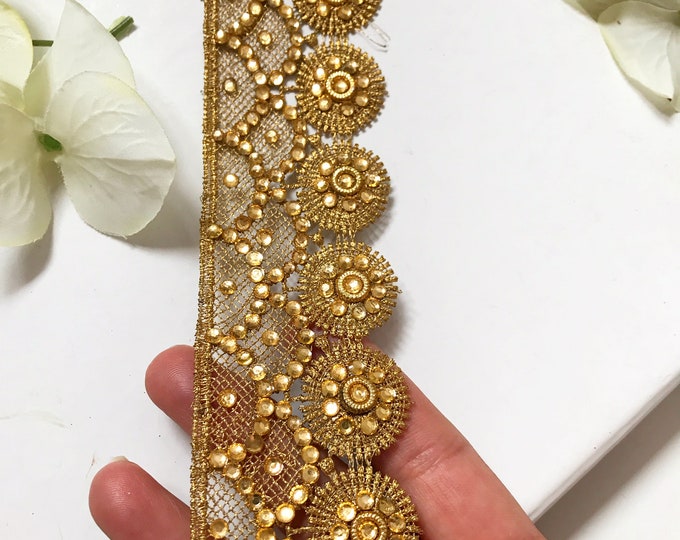 1 Meter Latest Indian Designer Cutwork lace Gold Bead work Lace Trim boarder