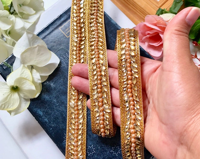 1 Yard Latest Indian Gold Zari Cutwork Champagne Stone Sari Dupatta Lace Trim