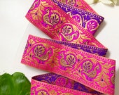 Pink Gold Brocade Banarasi Border Indian Trim Peacock Parrot Elephant Trim Brocade Silk Zari Lace Bridal Sari 5.8 cm W Price mtr
