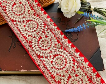 Red Gota Embellished Indian Gold Zari Embroidered Wedding Sash Dupatta Sari Lace Trim Wedding Saree Trimming Crafting Border