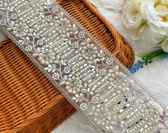 1 Yard Pale Gold Indian Zari Crystal Stone Mirror Pearl