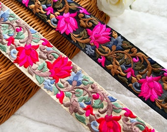 1 Yard Black / Fone Multi Fabric with Pink Beige Blue Green Floral Embroidery Craft Lace Dupatta Sari Border lace Trim Indian - Width 5.2 Cm