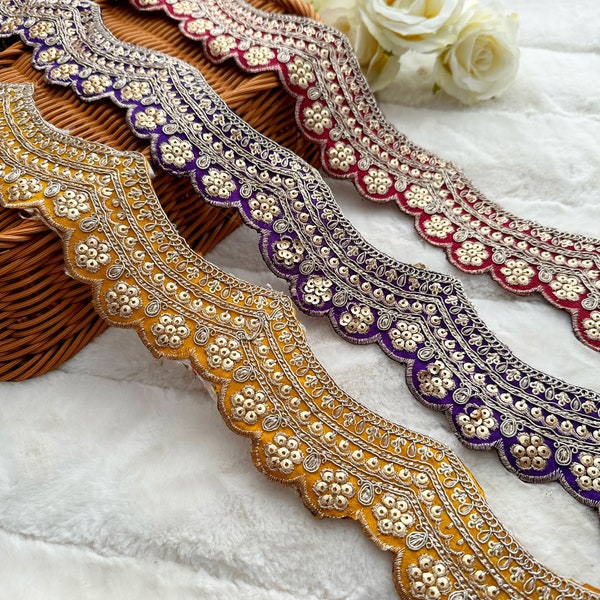 9.5 Yards Mustard, D Purple, Maroon Fabric Lace Sequin Embellished Gold Zari Embroidered Scallop Costume Dress Trim Sari Crafting Dupatta