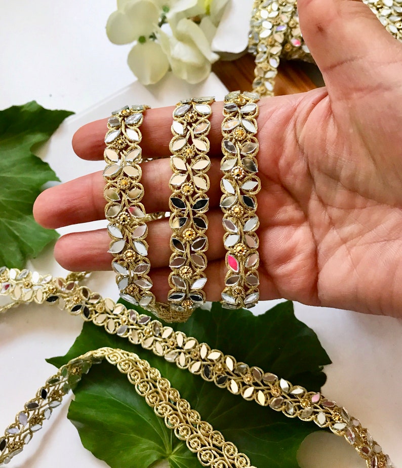 Golden 5 Yards Latest Indian Mirror Silver Stone Work Craft Sari Dupatta Kinari boarder lace Trim Gold 1.8 cm wide