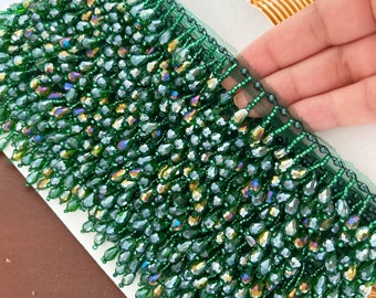 1 Yard Bottle Green Indian Acrylic Faceted Crystal Beaded Tassel Fringe Lace Trim Costume Curtain Upholstery Sewing 2 cm