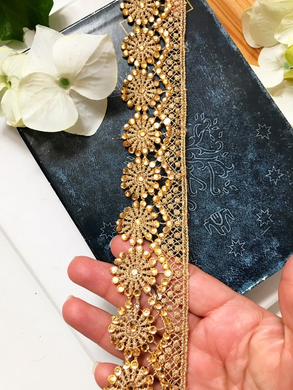 9 yardas último Espejo indio Perla y trabajo zari Piedra Sari Dupatta Ribete De Encaje