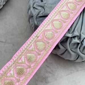 9.5 Yards Bridal Pink Gold Zari Sequin Embellished Embroidered Lace Trim Fabric Lace Indian sari lace, Dupatta Lace Craft Lace 7 cm wide
