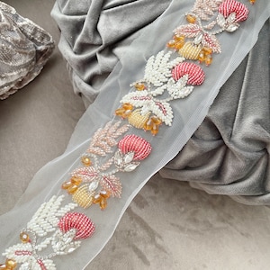 1.10 Meters Cutdana Floral Trim Hand Embroidered Trim Diamante  Beads Embellished Bridal Showers Bridal Applique Sash 4.6 Cm