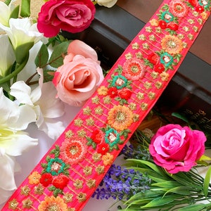 Vibrant Pink Indian Golden Zari Trim, Floral Fabric Embroidered Work lace Trim, Border, Sari, Sewing Craft, 7 cm Wide