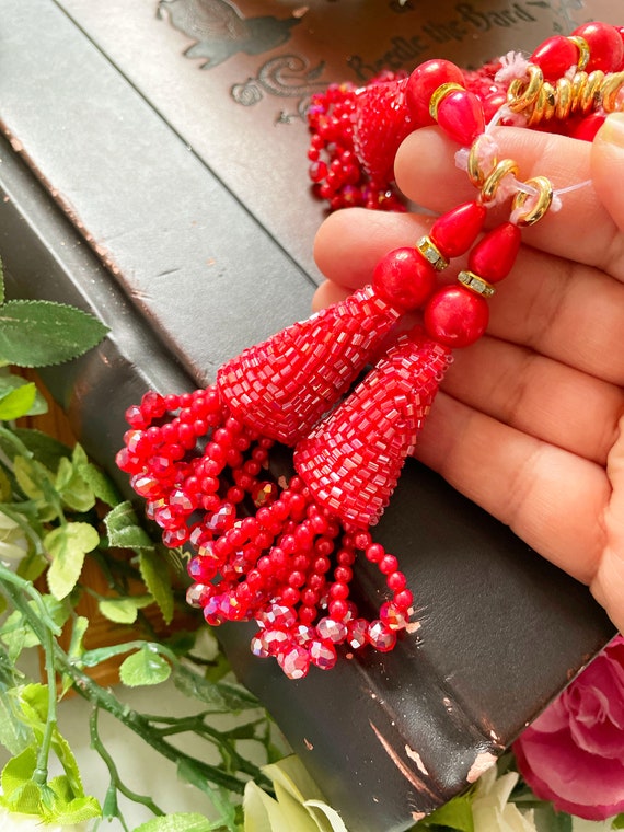 Red Tassels, Cut dana Beads Crystal Bridal Tassels, Decorative Tassels,  Saree Blouse Tassels, Indian Tassels, Sewing Latkans 1 Pair