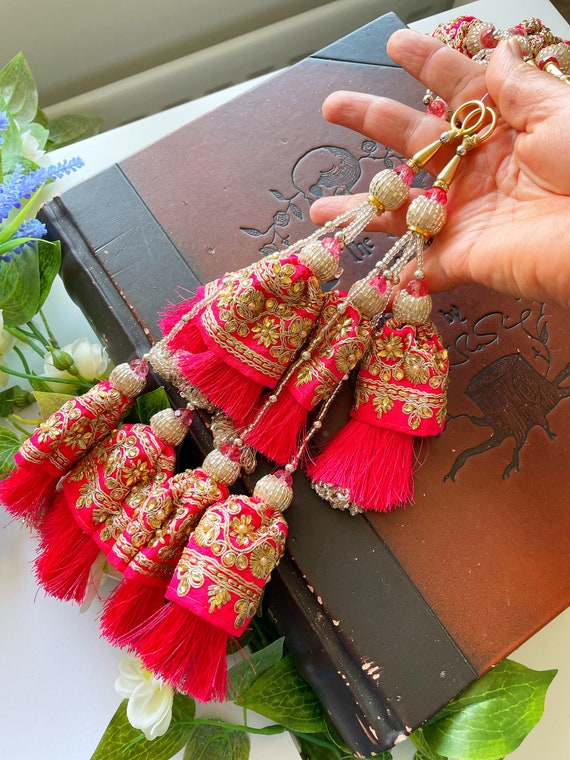 1 Pair Gajri Pink Zari Stone Crystal Cutdana Embellished Bridal Tassels  Decorative Saree Blouse Tassels, Indian Sewing Crafting Latkan 