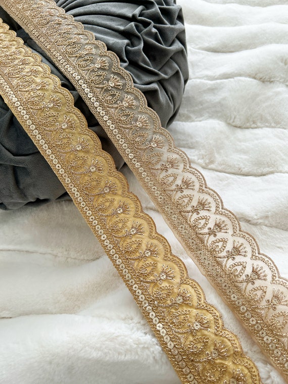 Buy 9.5 Yards Fone Indian Gold Zari Sequin Embroidered Scallop Lace Trim  Border Sari Dupatta Lace Crafting Fabric Lace Online in India 