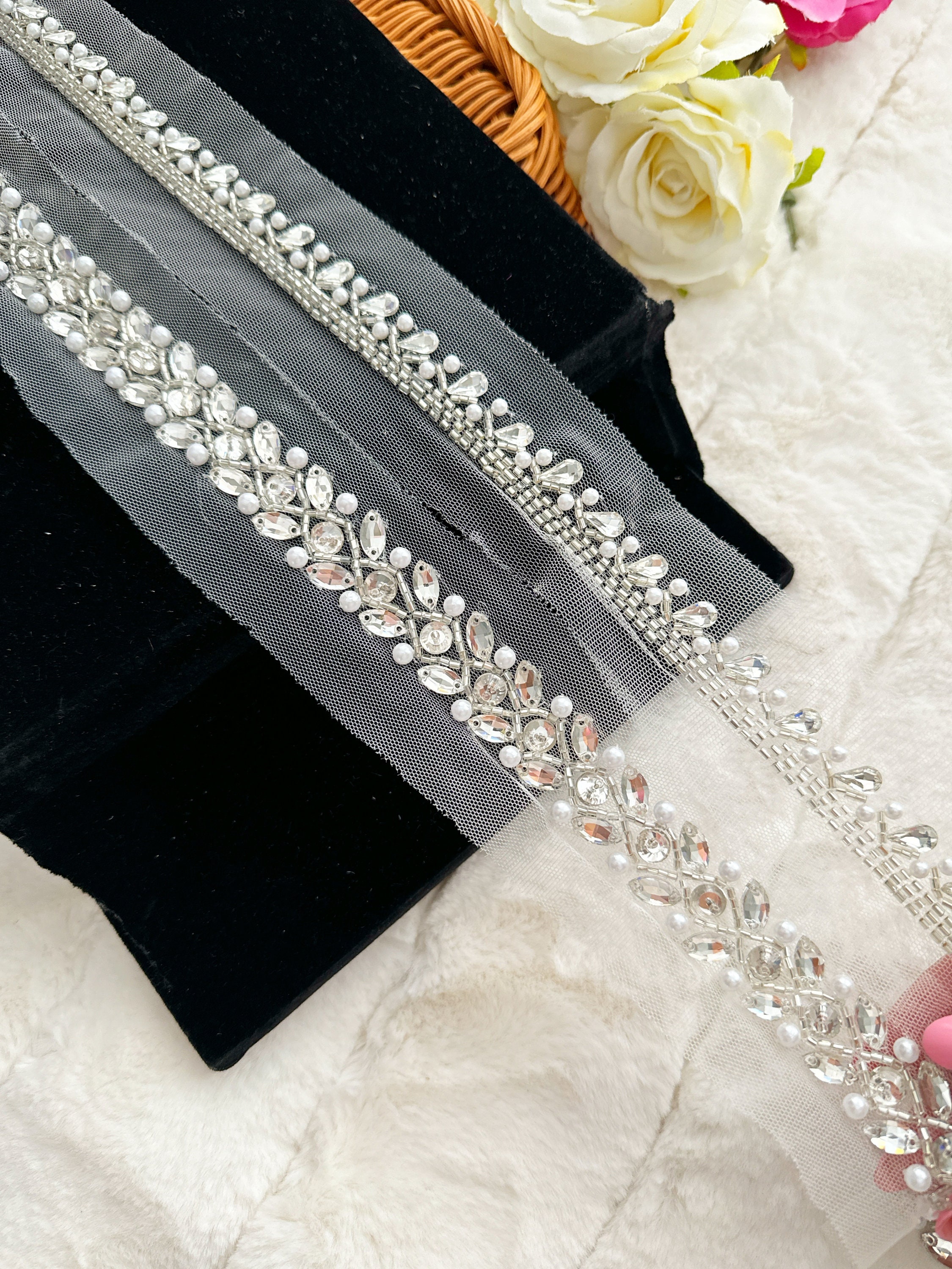 1 Meter Exclusive Silver Crystal Pearl Beaded Trim Wedding