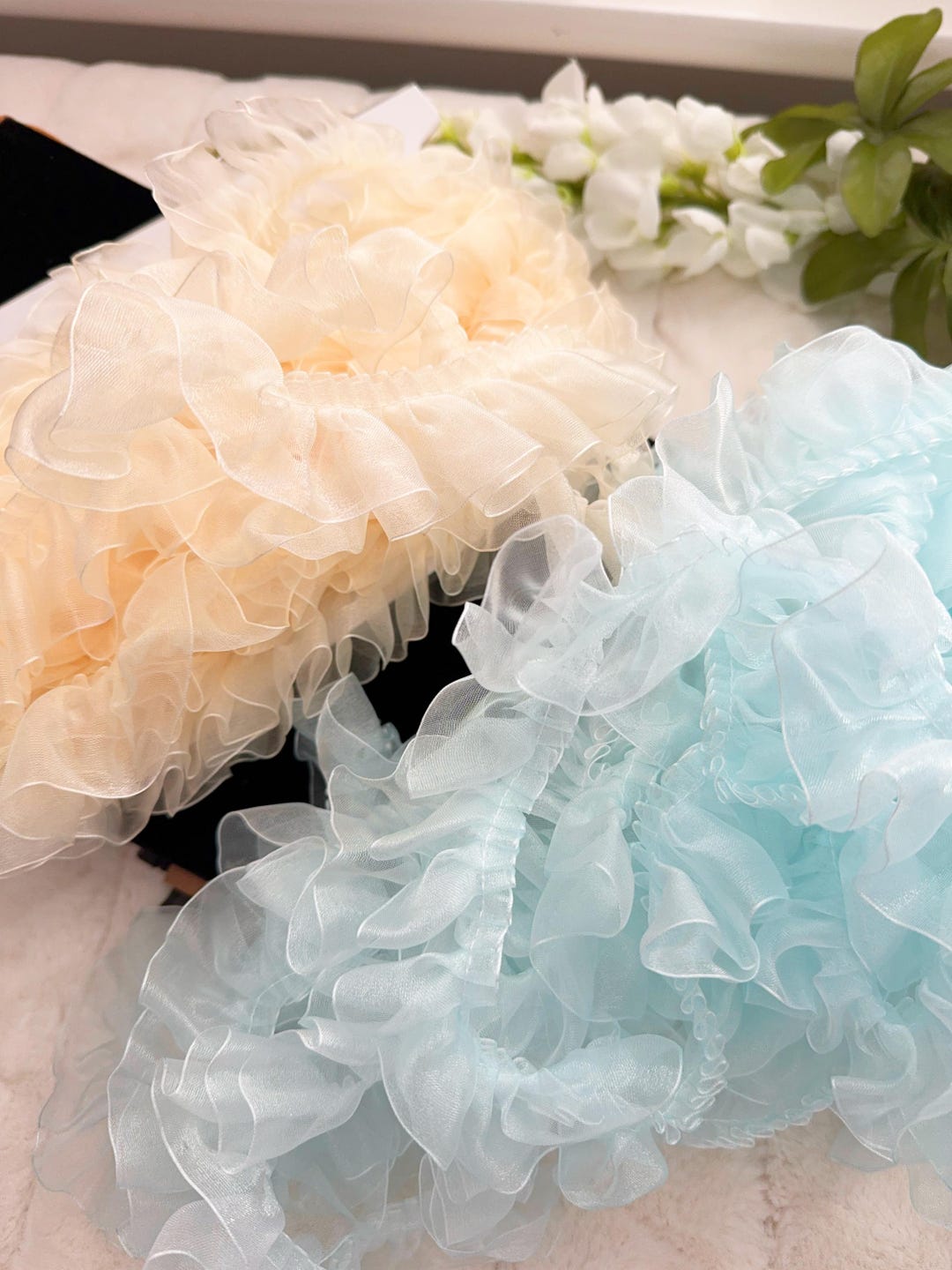 Lemon & Sky Blue Organza Ruffle Trim: 4cm Pleated Frill, 9 Yards