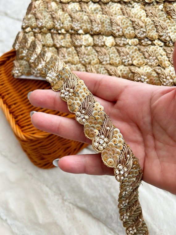 Antique Gold Lace With Pearl Beads Vintage style Trimming Wedding 1.5cm  approx