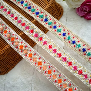 9.5 Yards Peach/Maroon/Blue Multicolour Silver Zari Embellished Embroidered Dress Cushion Sewing Curtain lace Trim Sari Dupatta Lace, 3.3 cm