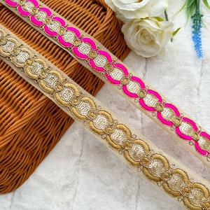 9.5 Yards Fone/Pink Zari Sequin Embellished Embroidered Indian Lace Decorative Trimmings, Saree Border Dupatta Trim, Sewing 3.4 Cm wide
