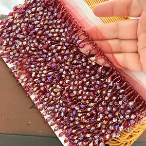 1 Yard Maroon Indian Acrylic Faceted Crystal Beaded Tassel Fringe Lace Trim Costume Curtain Upholstery Sewing 2 cm