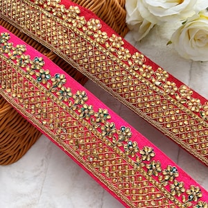 1 yard Bordeaux/Gajri rose indien or Zari pierre embellie brodée Costume de mariée Dupatta tissu à coudre artisanat robe Saree bordure en dentelle 6 cm