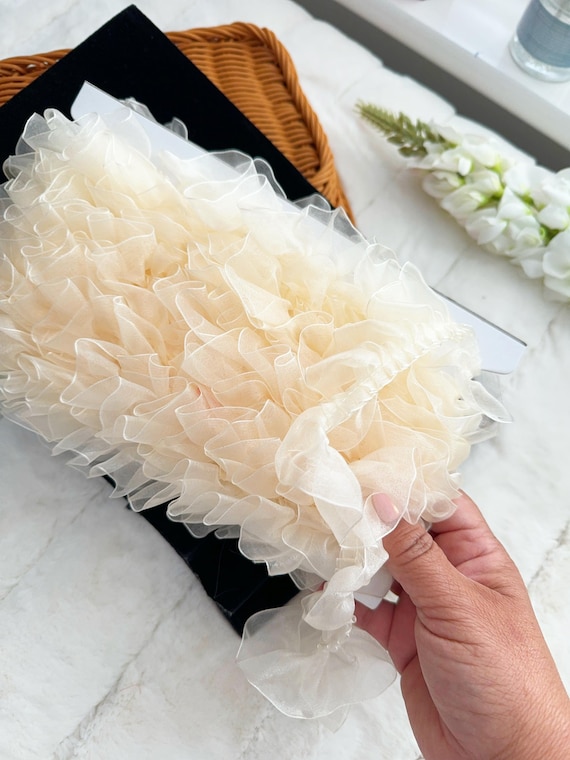 Lemon & Sky Blue Organza Ruffle Trim: 4cm Pleated Frill, 9 Yards