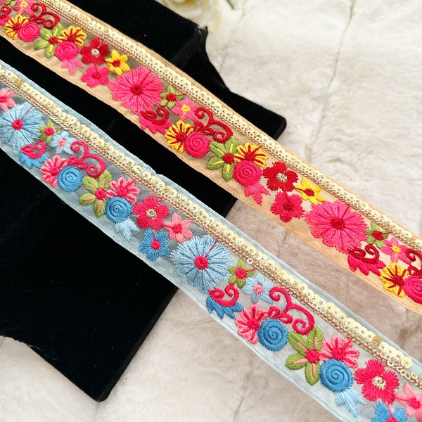 1 Yards Peach/ Blue Floral  Sequin Embellished Net Fabric, Indian Embroidered Laces and Trims Saree Dupatta Border Trim 4 Cm WIde