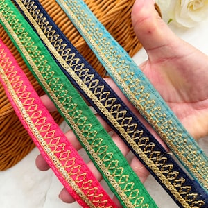 Dupatta sari con bordado y adornos de encaje indio, color rosa, verde, azul marino y gris, de 9 yardas, con zari, para costura y manualidades. Ancho: 2,4 cm.