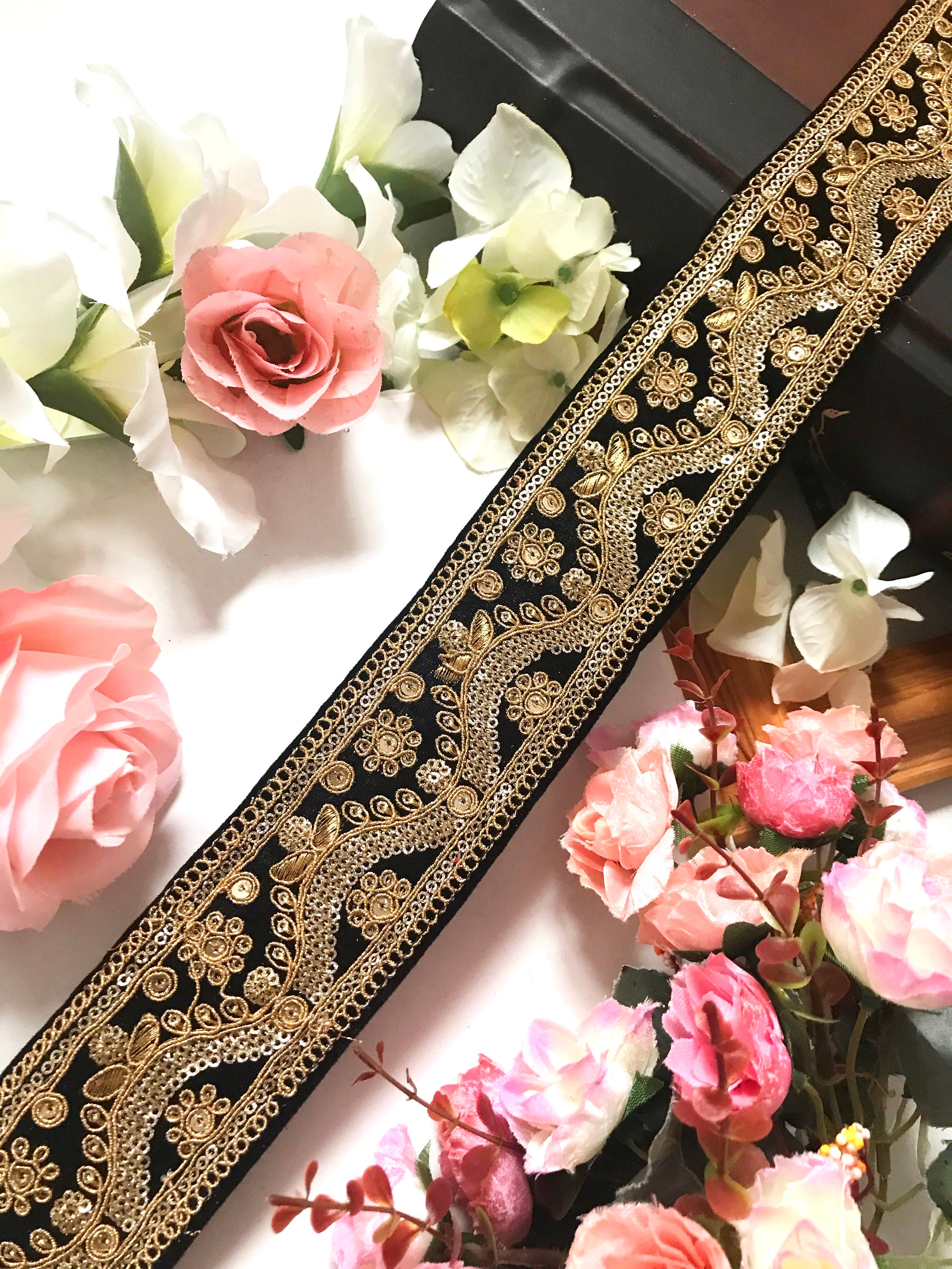 Black Indian Gold Zari Sequin Laces Trims Saree Dupatta Border Fabric Trim