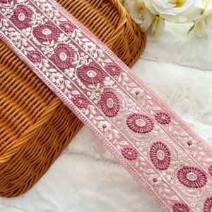 Housses de coussin, bordure brodée indienne rose Gajri, 1 mètre, ruban de sari à broder, bordure de couture, passementerie de mariage, rideau de 3 pouces