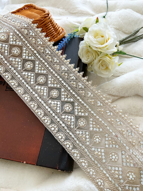 1 Yards Pale Gold Indian Zari Crystal Stone Mirror Pearl Embellished Net  Fabric Trim Sari Dupatta Lace Trim Border, 14.2 Cm Wide