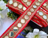 1 Yard Vintage Red Gold Zari Sequin Mirror embellished Border, Sari Trim, Hand work Crafting, Sewing Embroidered , DIY Décor Indian