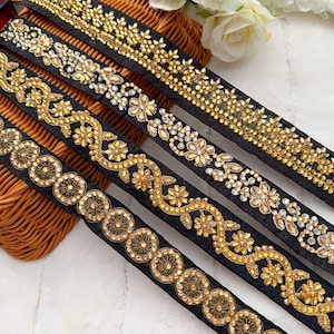 1 yard indien noir Zari pierre embellie décorative Dupatta Saree robe Costume couture artisanat tissu dentelle garniture