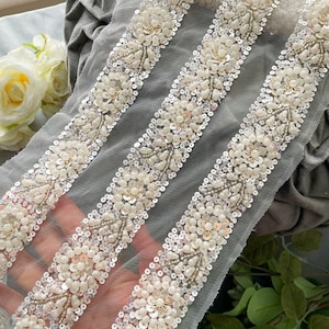 1 Yard  White Floral Trim Hand Embroidered Trim Diamante White Pearl Sequin Beads Bridal Showers Bridal Applique Sash 4 Cm Wide