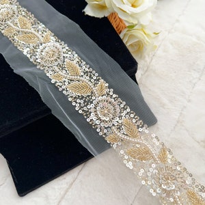 1 Yard Cream Pale Gold Zardosi Pearl Floral Trim Hand Embroidered  Sequin Pearls Embellished Bridal Showers Bridal Applique Sash