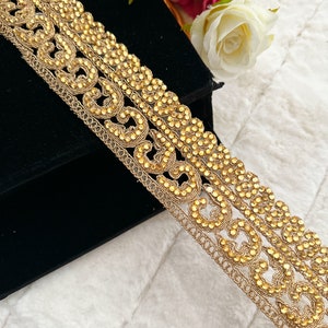 1 Yard Bridal Antique Golden Paisley Cutwork Stone Embellished Dupatta Saree Border Net Fabric Sari Dupatta Lace indian trim -Width 5.7 cm