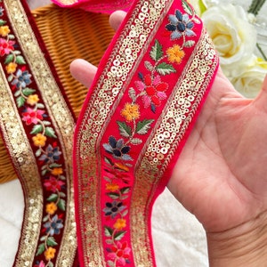 1 Yard Rani Pink Gold Zari Sequin Embellished Embroidered Velvet Fabric Floral Dupatta Border Lace Craft Sewing Sari Indian Lace trim
