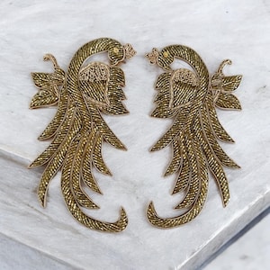 1 Pair Indian Antique Golden Peacock Cutdana Embellished Handmade Dress Blouse Sew on Patch Appliques