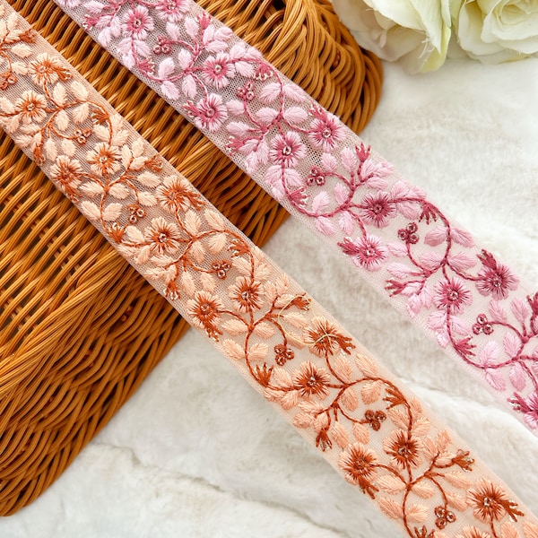 Florale Borte: Lavender Pfirsich Pailletten Sari Borte, 1 Yard