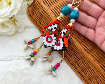 Cowrie Shell Tassels: Kutch Fabric, Beaded Boho Latkans (1 Pair)
