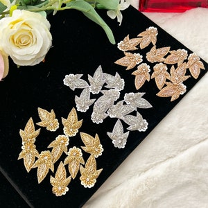 20 Pcs Indian Rose Gold/ Silver/ Gold Sequin Zardosi Stone Embellished Handmade leaf flower Appliques, Headband Appliques